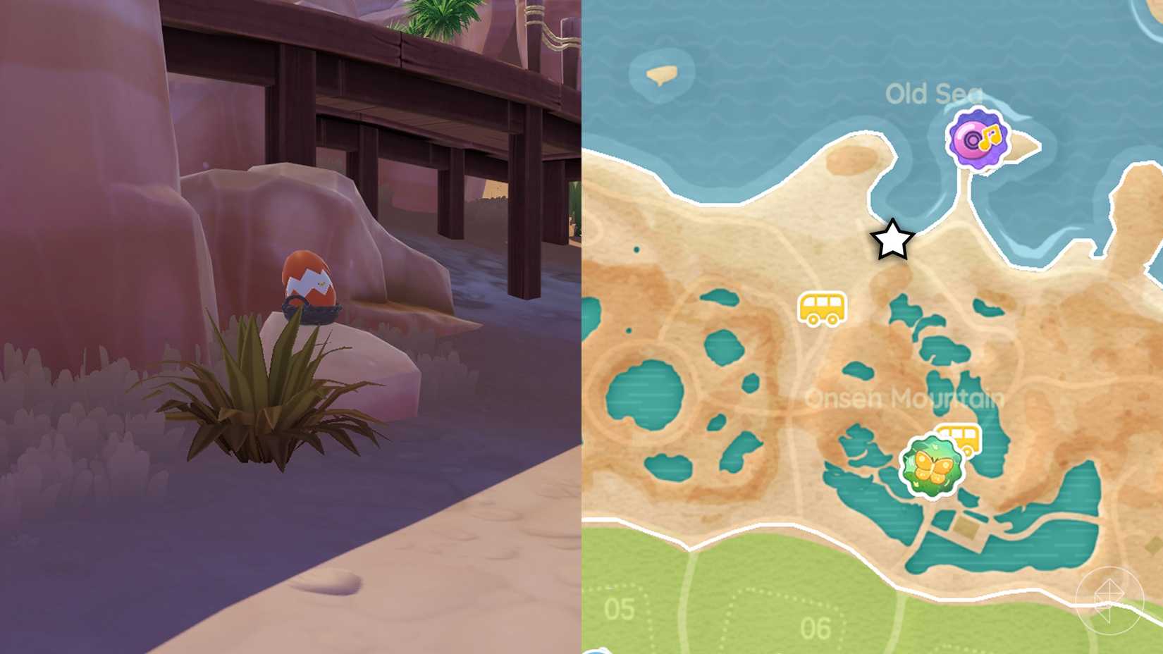 A cracked open red-orange egg is placed on a rock in Heartpia.