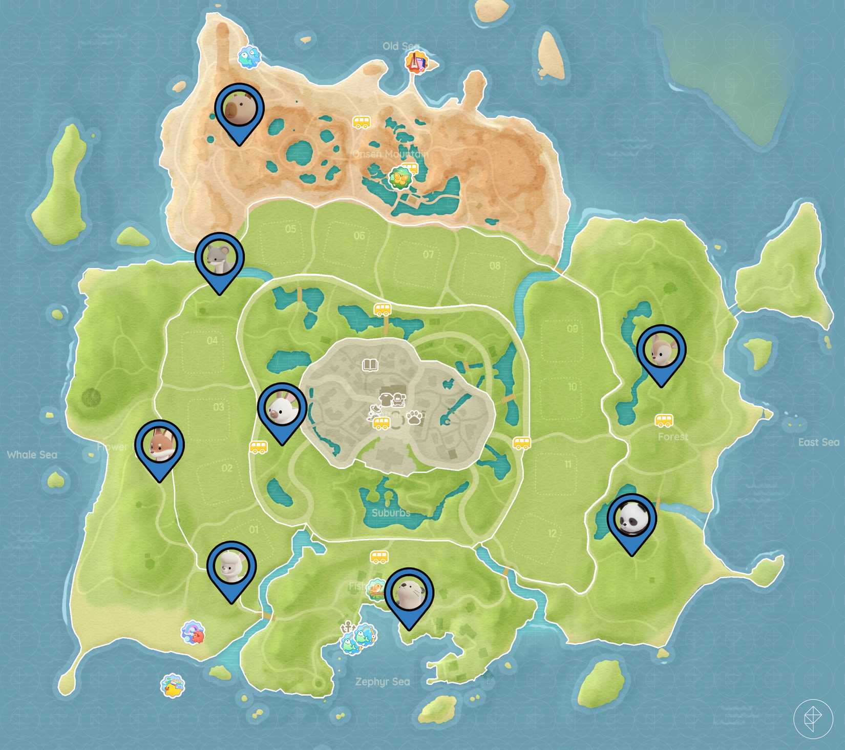 A map in Heartopia showing where to find the eight animal troughs around the island