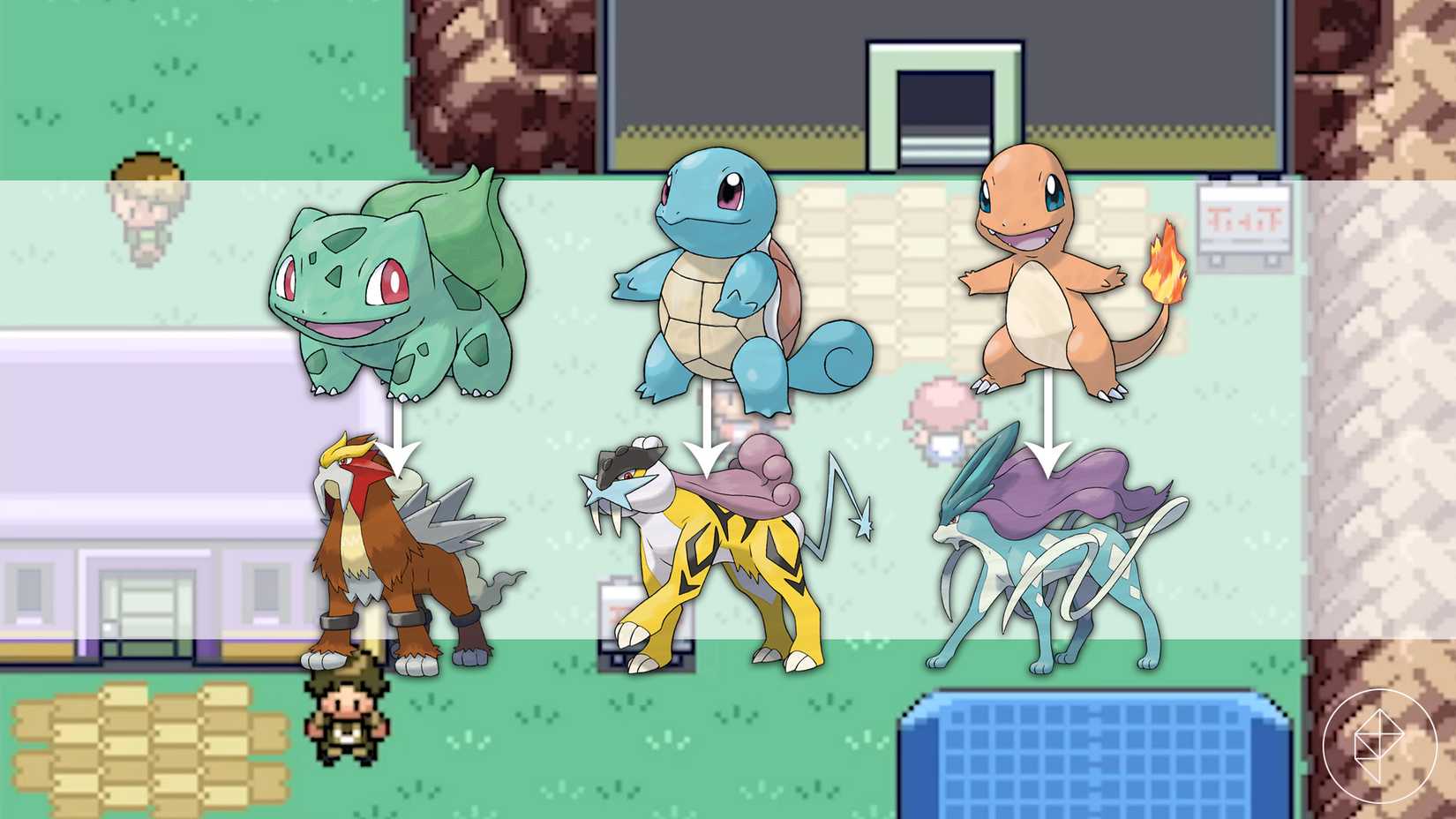 Bulbasaur, Squirtle, Charmander, and their respective Legendary Beast (Entei, Raikou, and Suicune) 