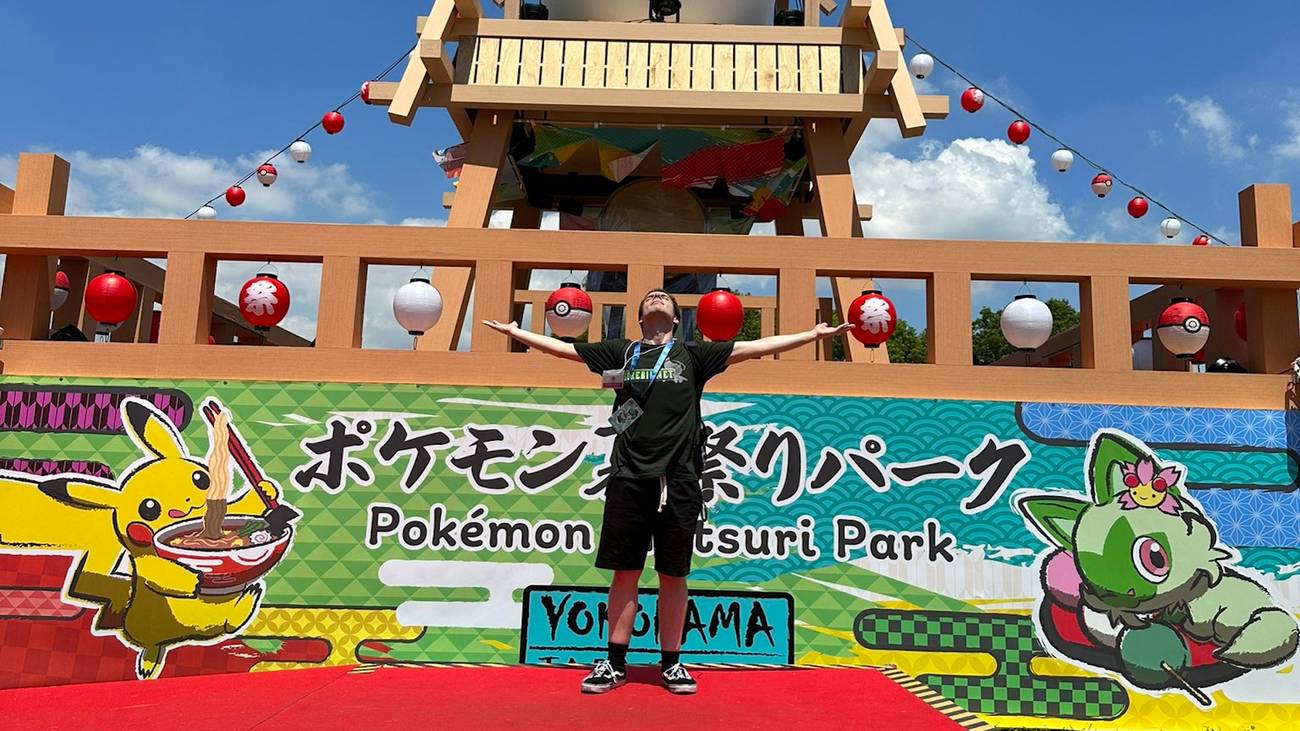 Joe Merrick on a Pokemon-themed stage in Yokohama