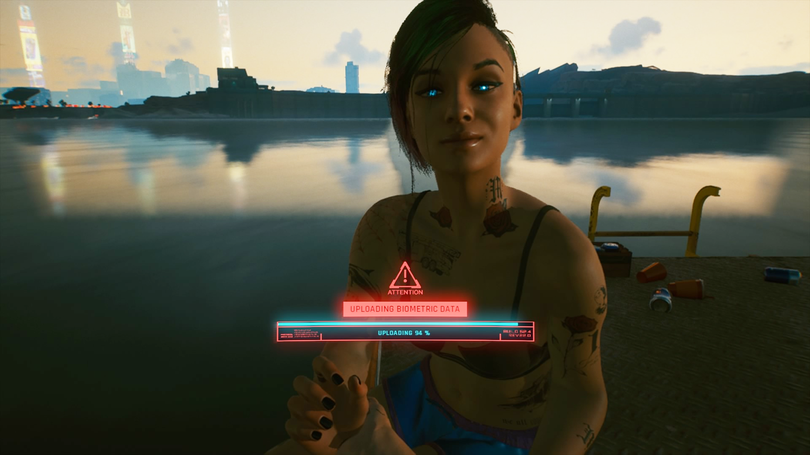 In Cyberunk 2077, Judy and the player sit on the docks, with Judy holding the player's hand.