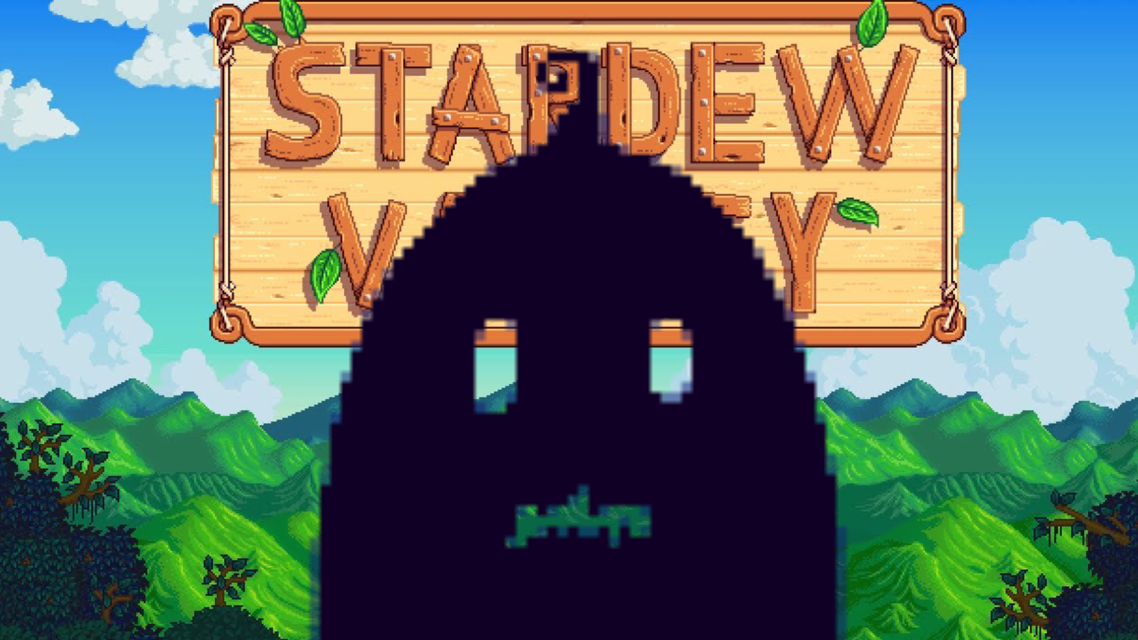 Krobus, a black, ghostly silhouette, faces the screen looking somewhat concerned. Behind him is the Stardew Valley start screen.