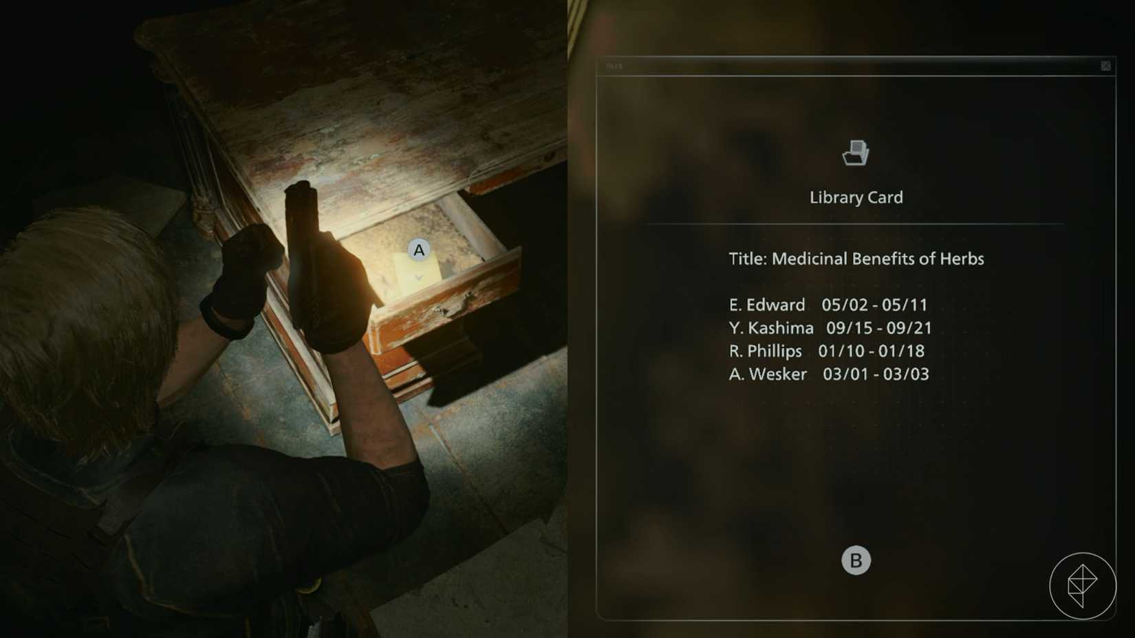 A library card found inside Wesker's desk in Resident Evil Requiem.