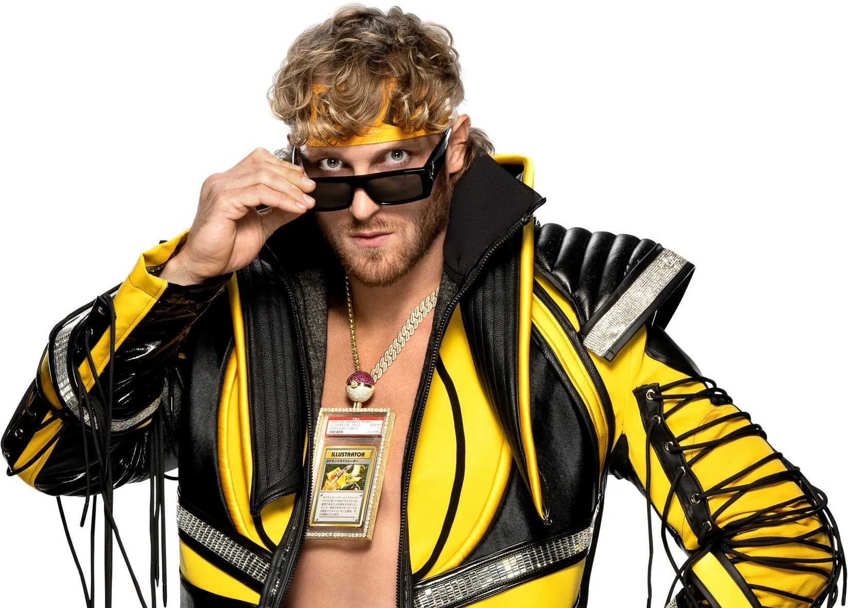 Logan Paul's wrestling outfit that includes a Pikachu card in a necklace