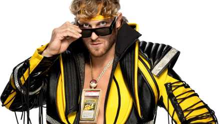 Logan Paul's wrestling outfit that includes a Pikachu card in a necklace