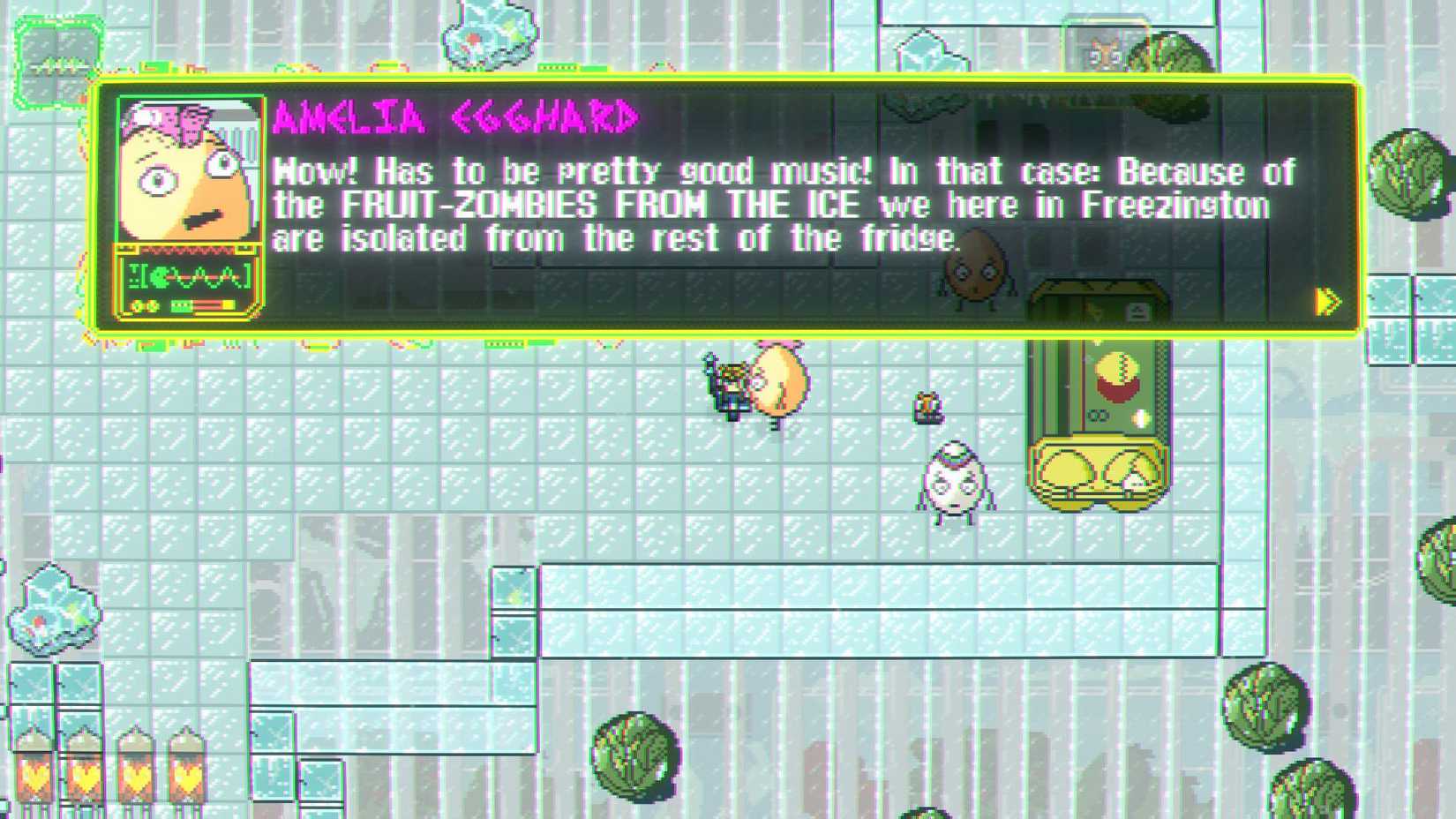 An anxious egg warns of zombie fruit in the Look Mum No Computer game