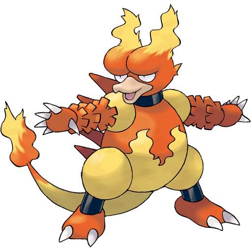 Magmar in Pokemon Leafgreen, a large bipedal duck-like creature with clawed hands and red and yellow fire patterns on its body