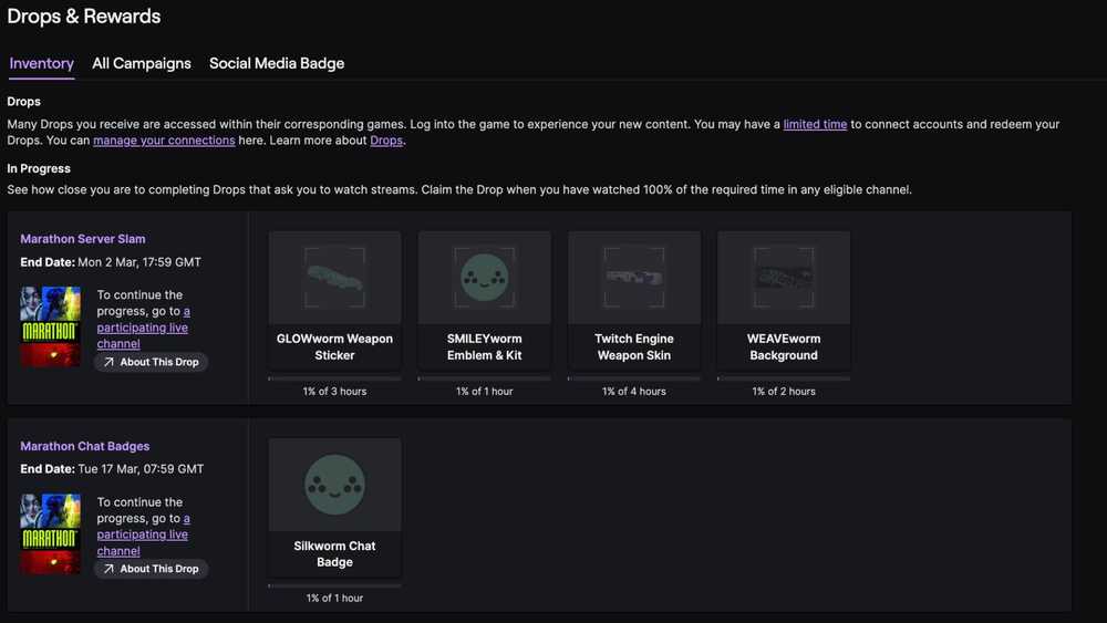 Uma captura de tela do inventário do Twitch mostrando os lançamentos do Marathon Twitch.