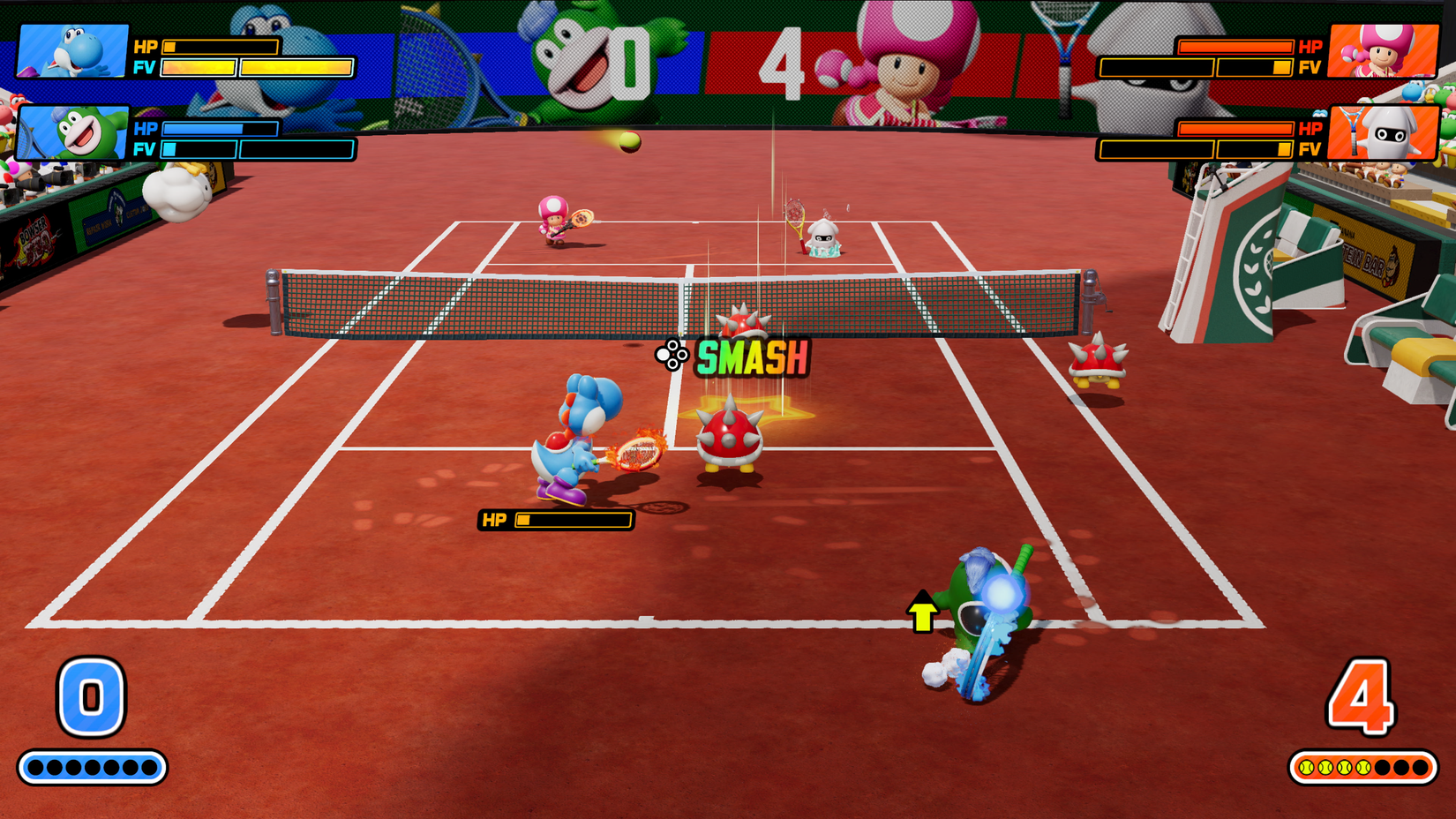 Four players battle one another in Mario Tennis Fever.