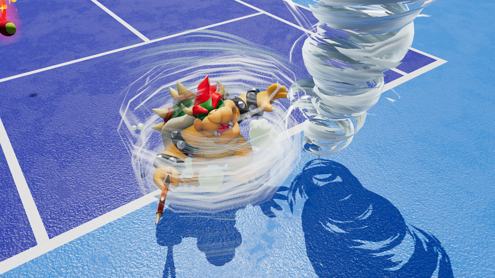 Bowser gets swept up in a tornado in Mario Tennis Fever.