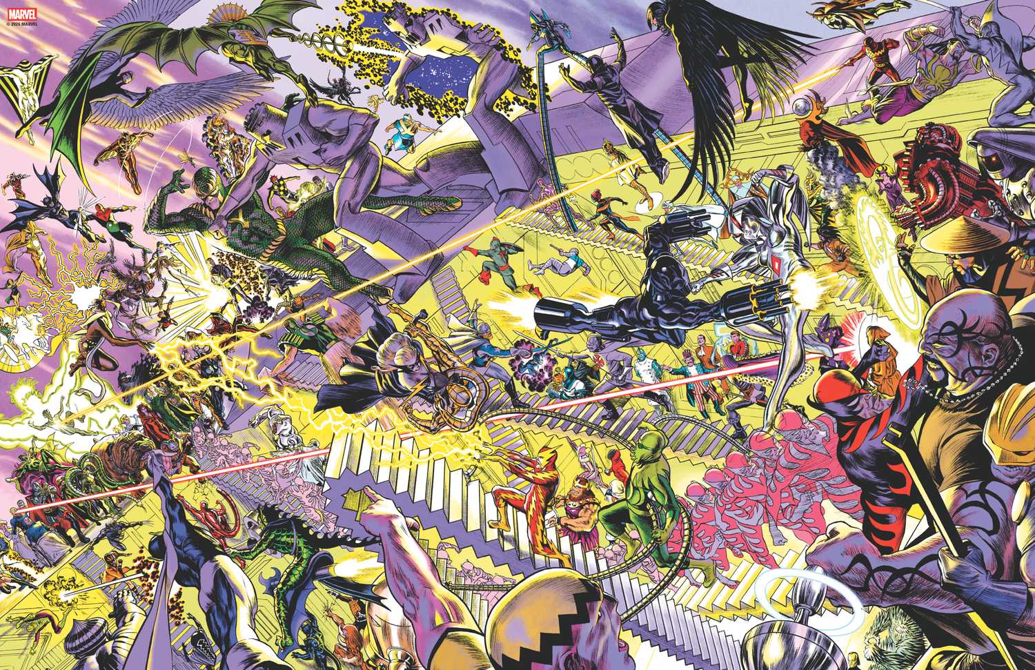 A detailed splash page from Marvel Dimensions featuring a chaotic battle between various character variants