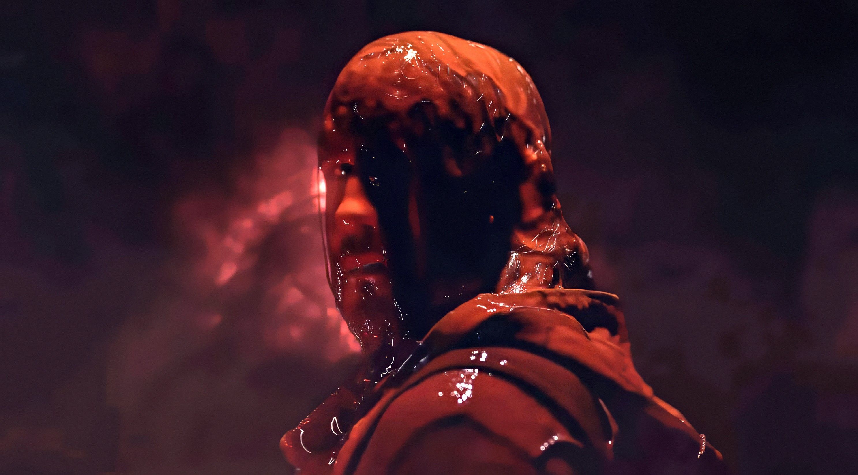 A man absolutely drenched in blood from head to toe in Iron Lung