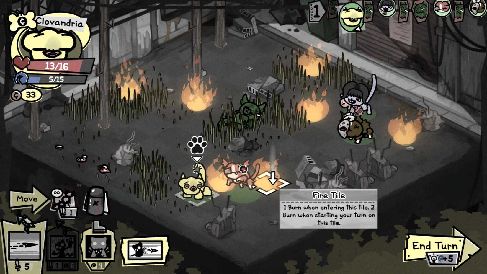 Mewgenics battle showing four cats scattered across it, and several squares on fire