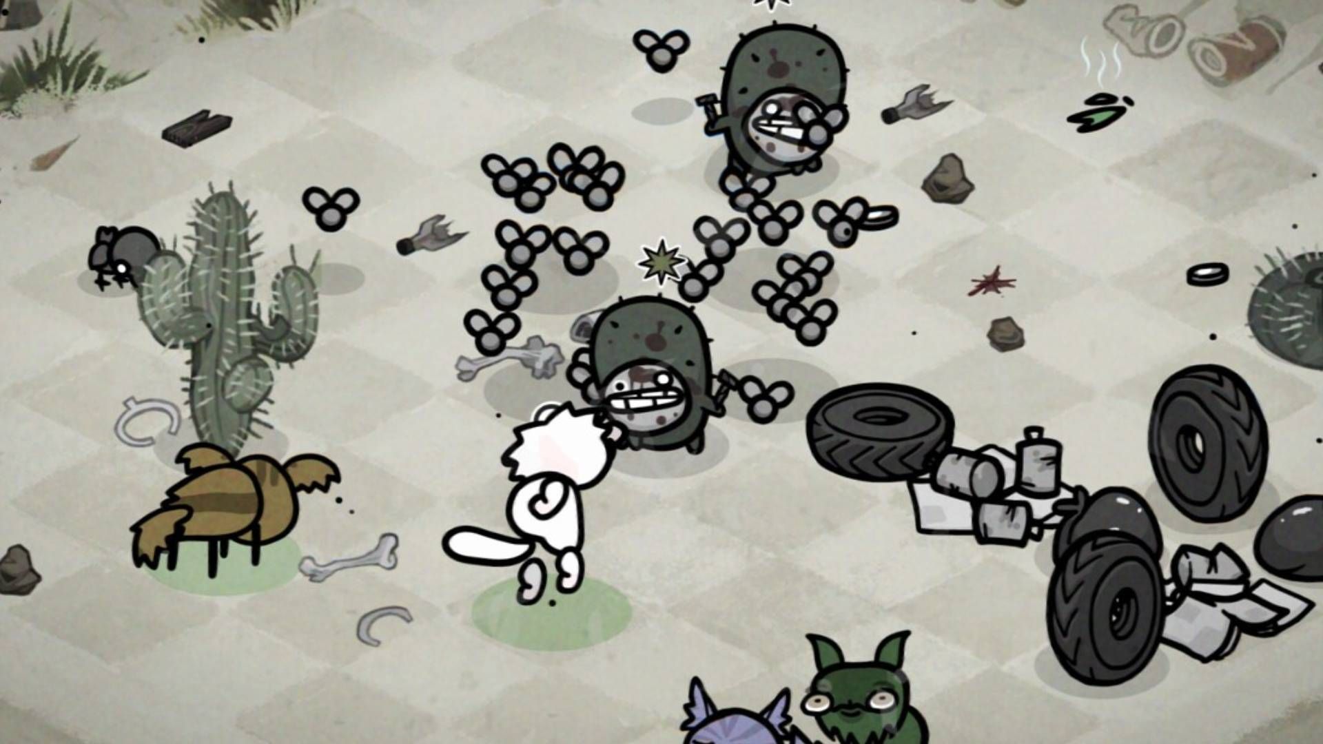 A zoomed in shot of Mewgenics, with a group of fleas surrounding an enemy.