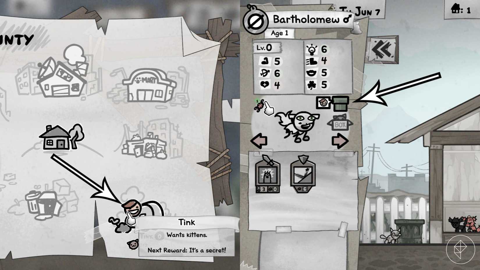 Arrows point to Tink's location and the pipe for cat donation in Mewgenics.