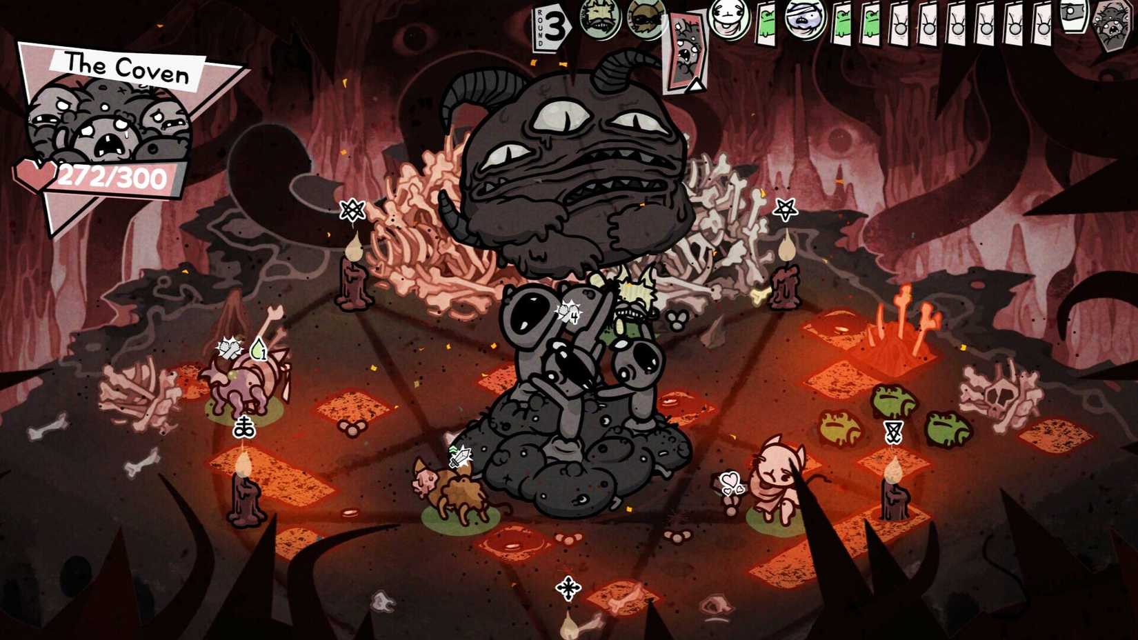 Mewgenics battle showing cats fighting a large blobby monster with horns called the coven