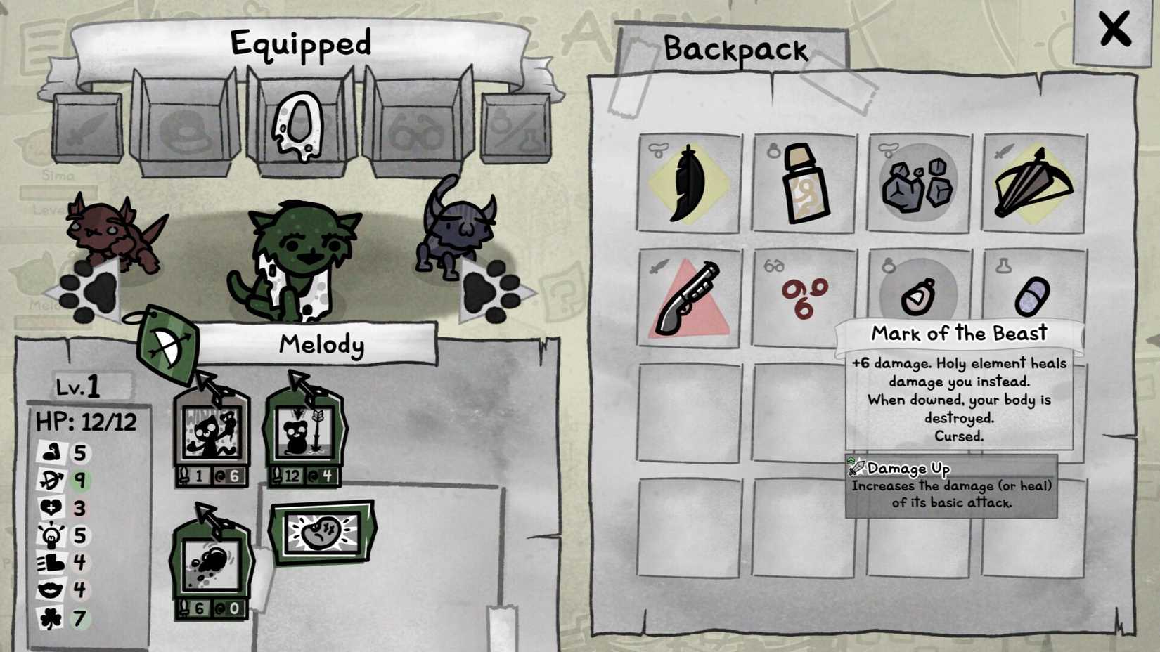 Mewgenics items screen for a cat's loadout where an item called Mark of the Beast is highlighted