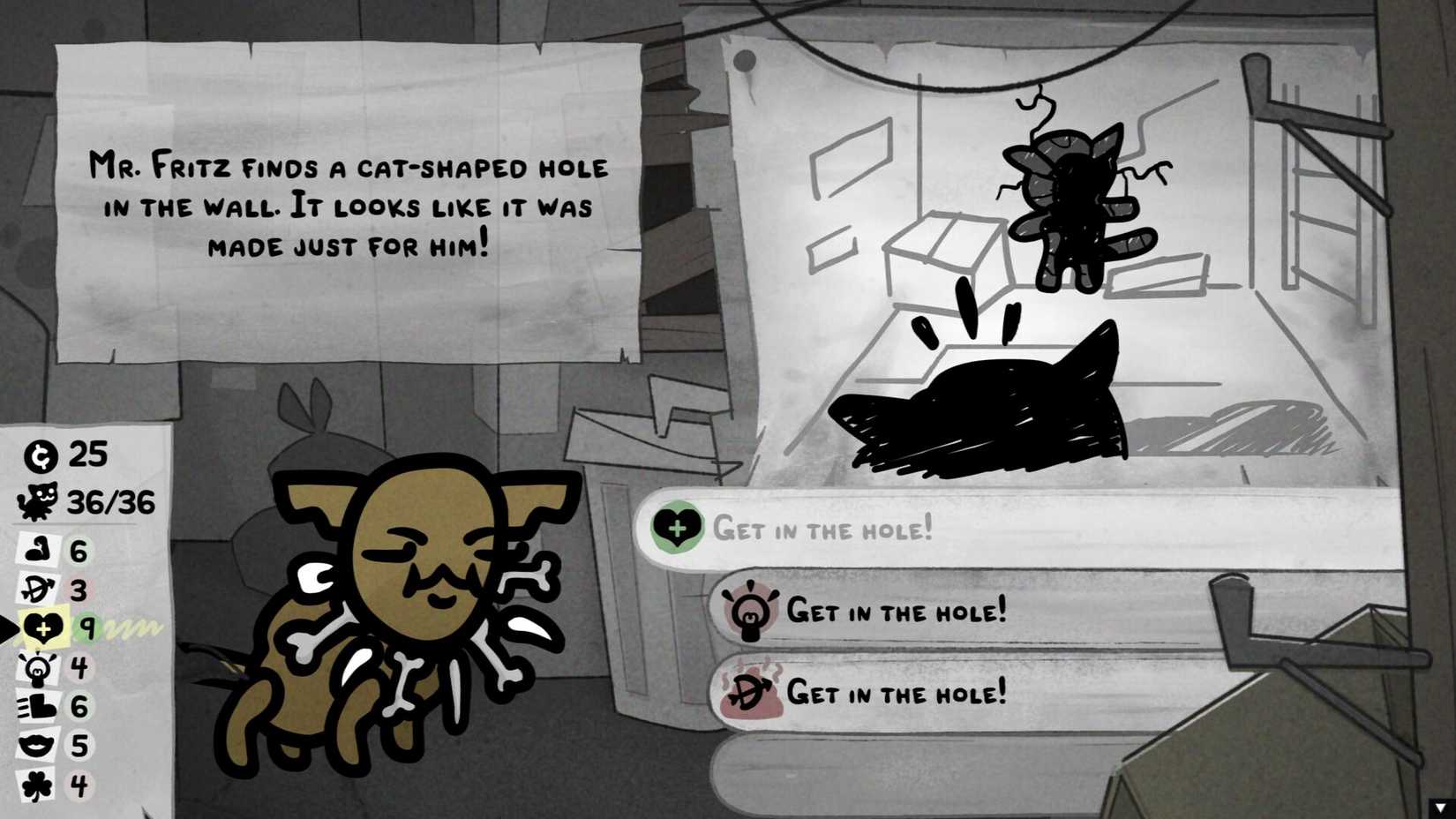 A cat considers climbing into a hole in Mewgenics.