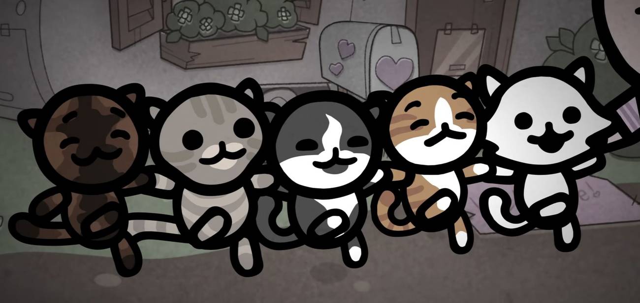 A line of dancing cats in Mewgenics. Each one is a different color, but they're all kicking up their paws in unison.