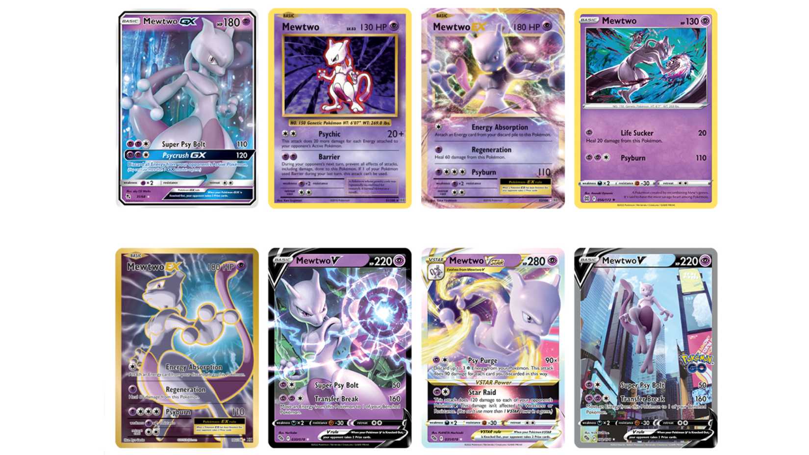 A group of eight unique Mewtwo cards, including the very first one.