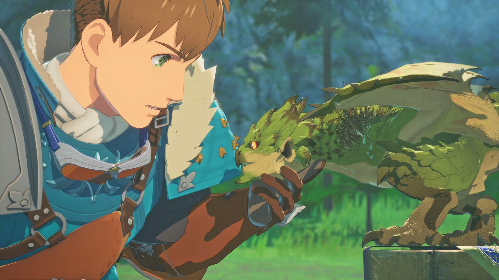 A Monster Hunter Stories 3 hero pets a baby dragon