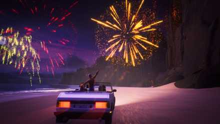 Teenagers rider a convertible on a beach at nighttime while fireworks explode above them in a screenshot from Mixtape