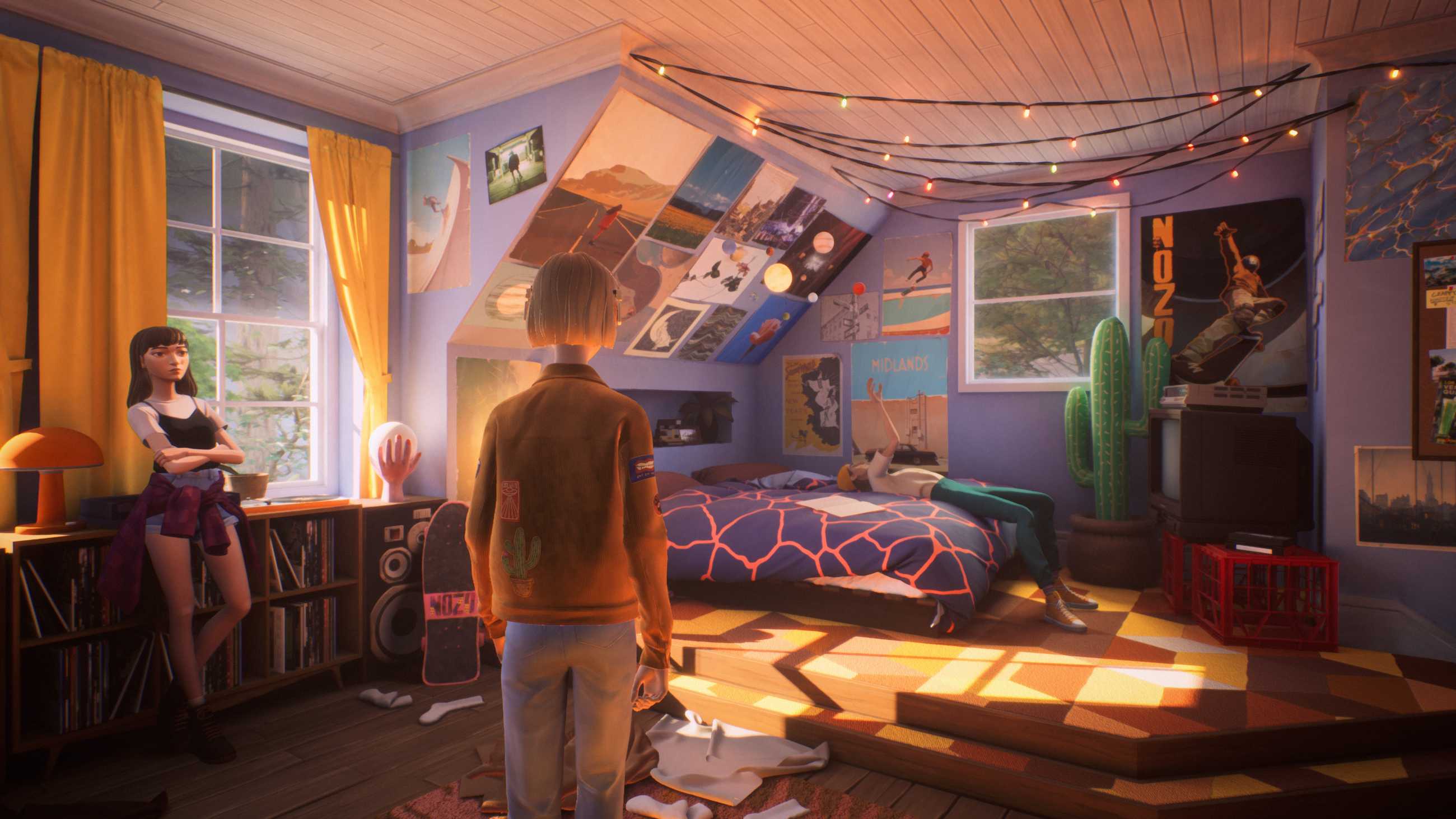 Teens idling around a bedroom decorated with string lights and posters in a screenshot from Mixtape