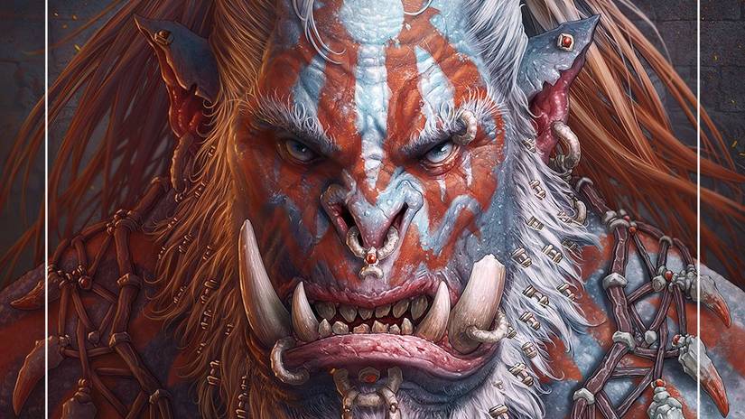 A bearded orc with red facial tattoos, piercings in his nose, lip and tusk, and a necklace of fangs in art from Nimble