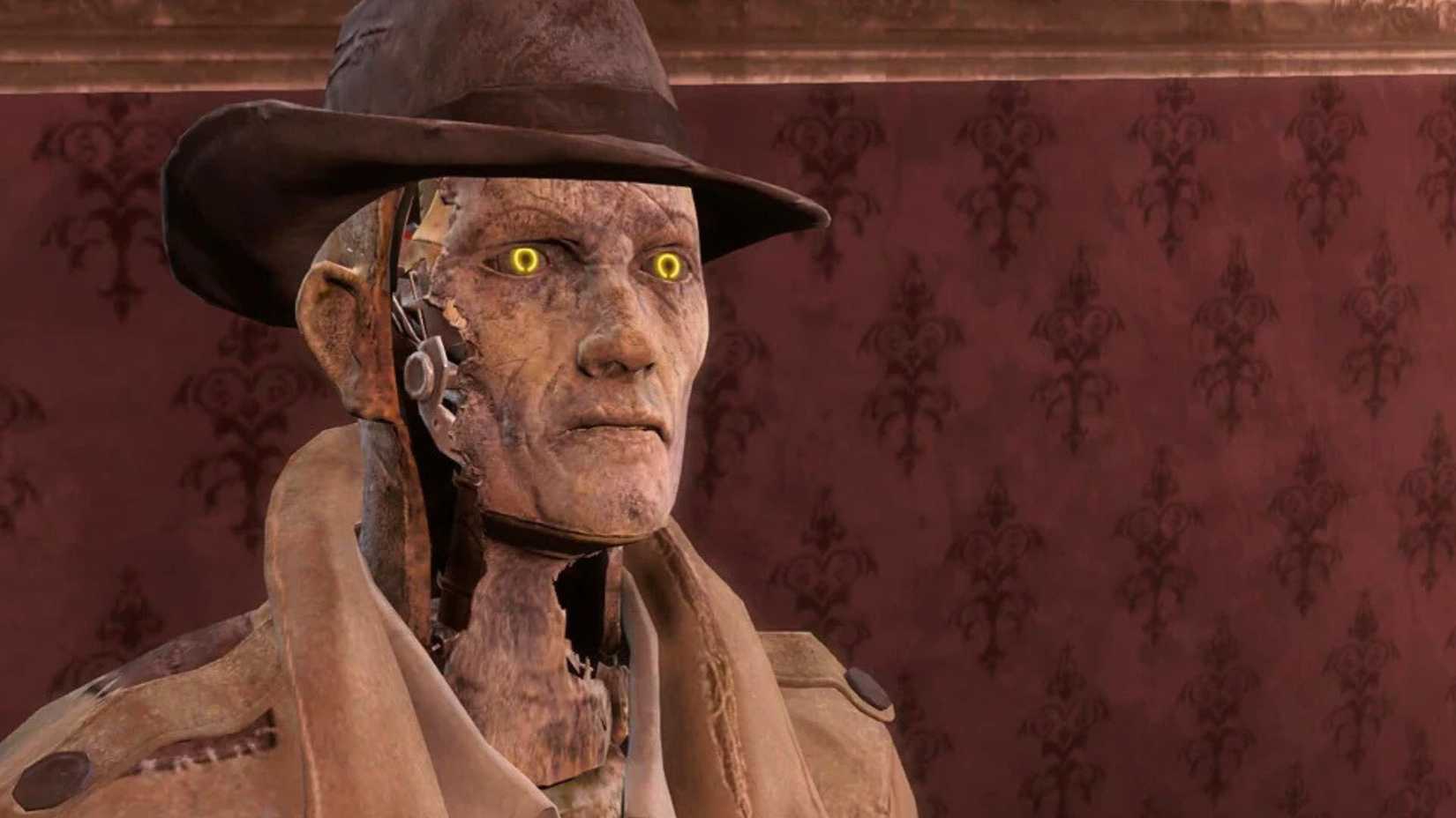 An image from Bethesda's Fallout 4 showing Nick Valentine, a synth with peeling skin who wears a brown duster and hat.