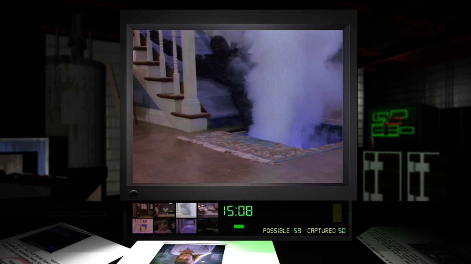 An Auger is bested by a trap that sends him falling down the stairs and into a trapped door full of fog machine vapor.