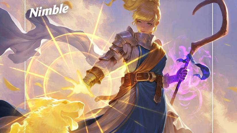 A woman with a blonde ponytail wearing robes and armor and carrying a shepherd's crook conjures a spectral golden retriever in art from Nimble