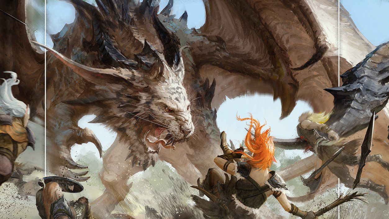 A manticore knocks back a party of adventurers including a blonde person with an ax, a person with a long braid holding a sword and shield, and a redhead with a staff in art from Nimble