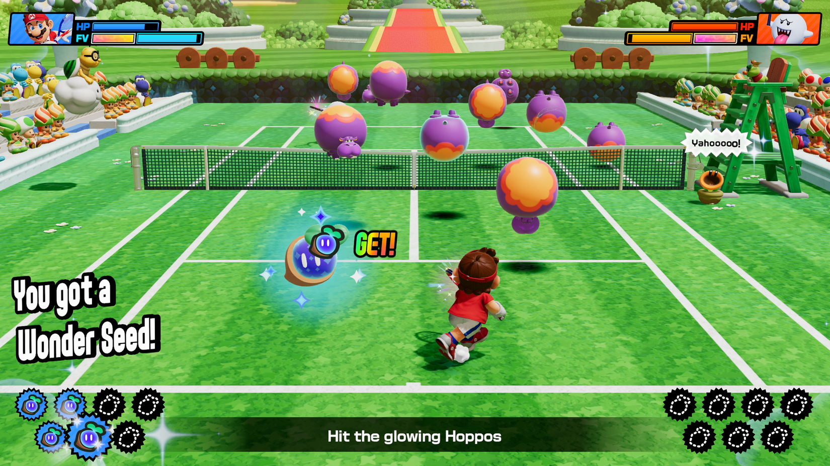Hoppos from Super Mario Wonder bounce all over the court in Mario Tennis Fever