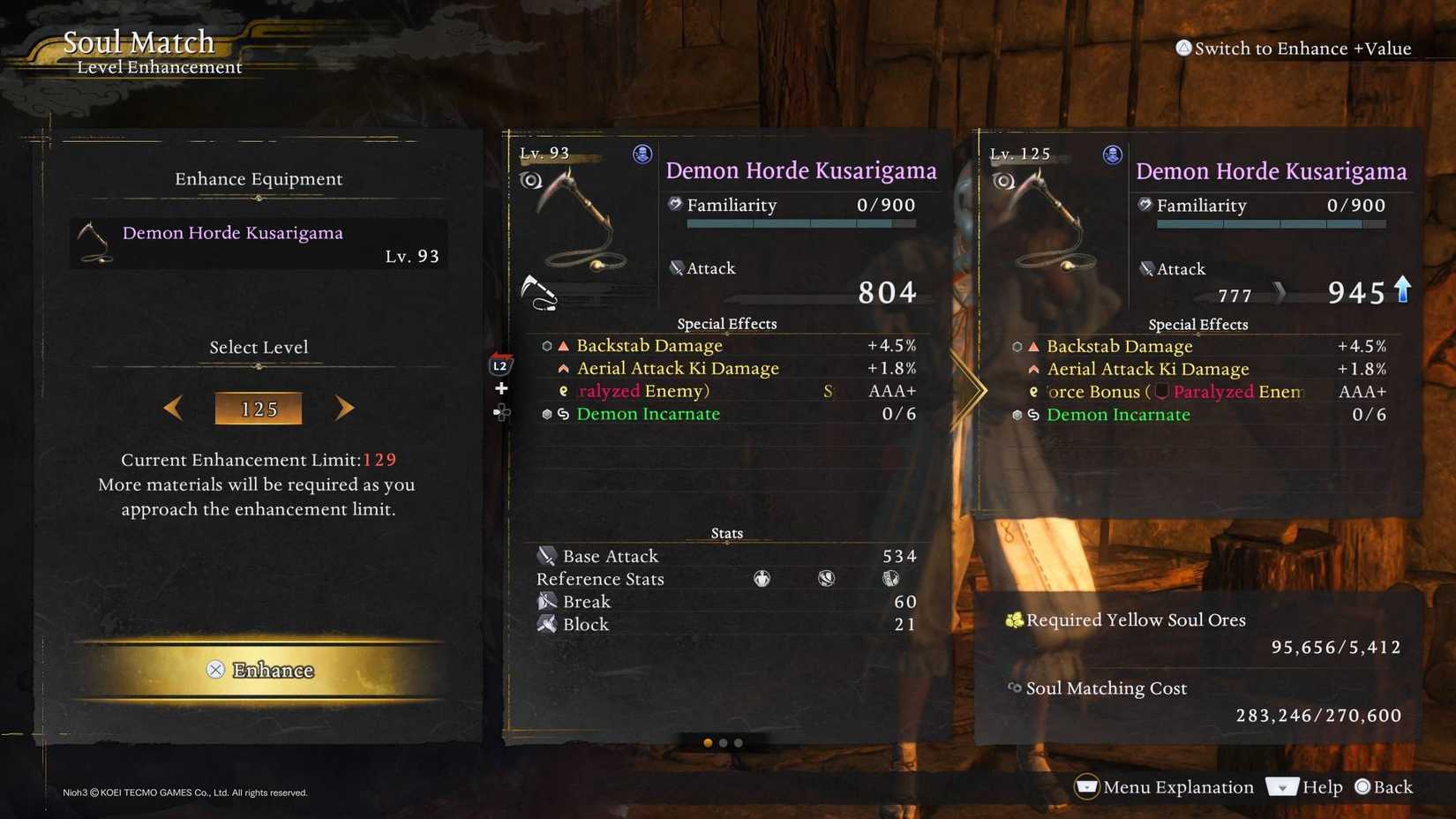 The options when soul matching a piece of equipment in Nioh 3.