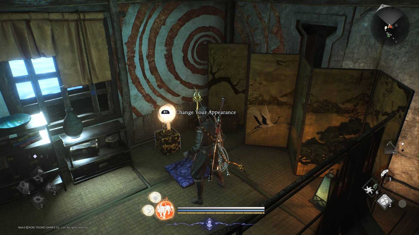 The player standing in front of the mirror to change appearance in Nioh 3.