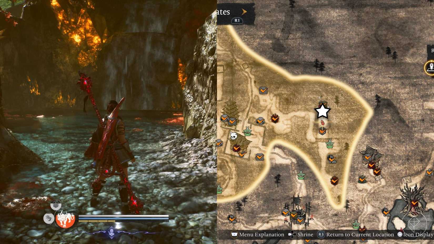 The left-hand side of the image shows the player standing in front of the waterfall where they can fight the Demon of Pride in Nioh 3 while the right-hand side of the image shows the location marked with a star on the in-game map.