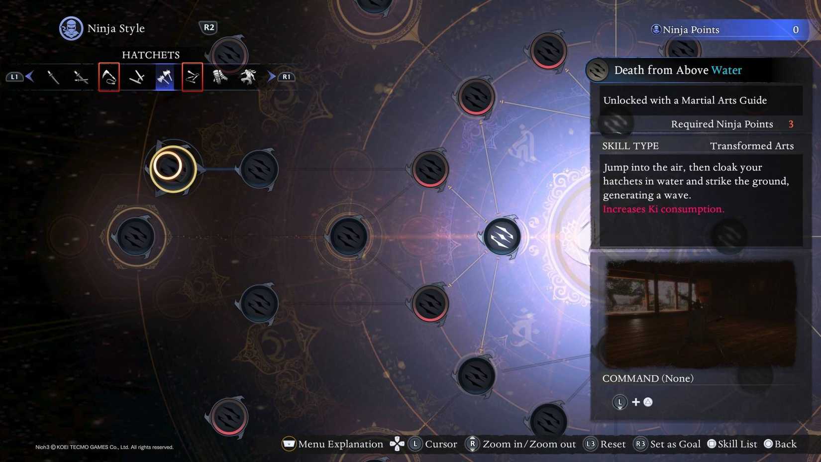 The Death From Above Water martial art highlighted in the menu in Nioh 3.