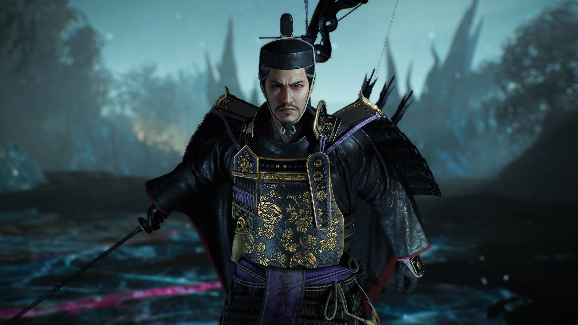 Kunimatsu in Nioh 3 emoting towards the camera.