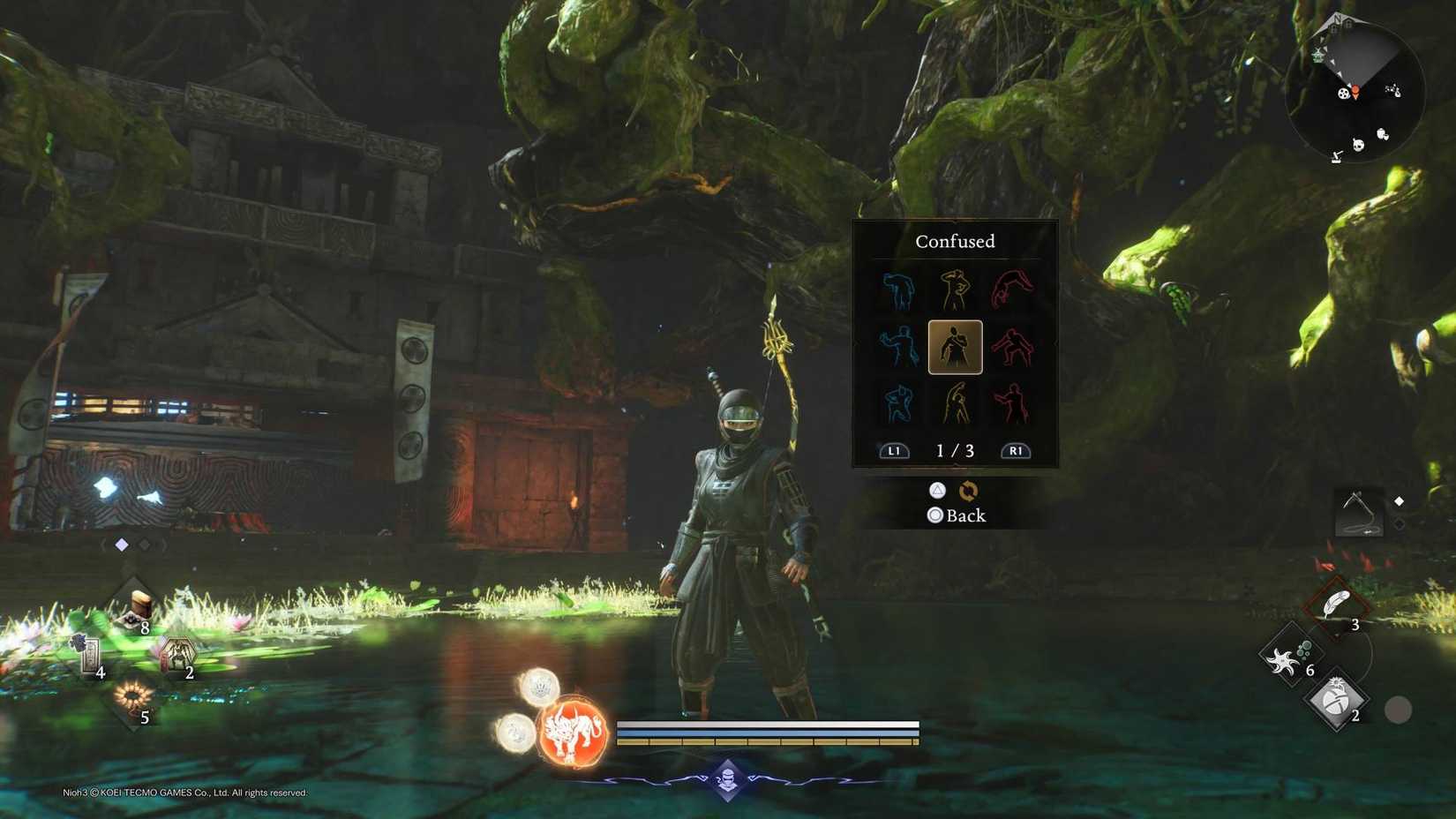 The player in Nioh 3 with the gesture menu open to perform an emote.