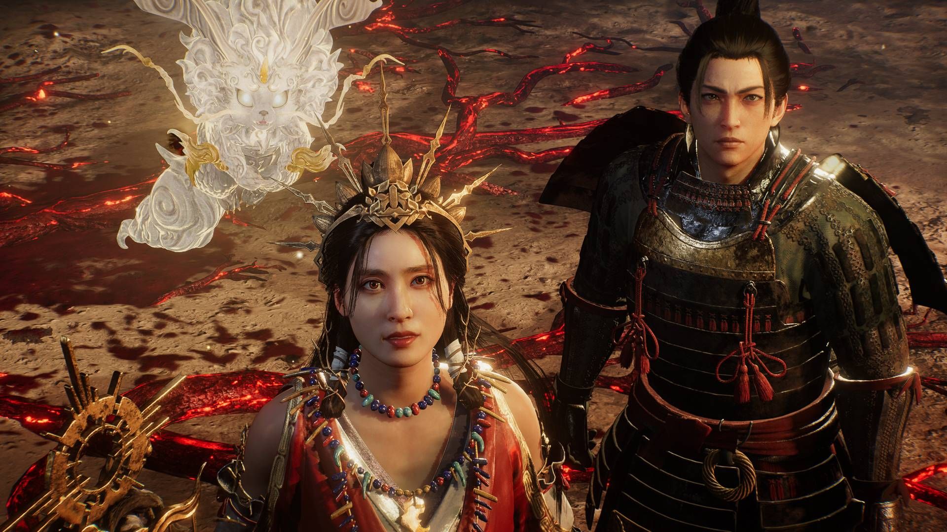 Two characters from Nioh 3 looking up towards the sky.