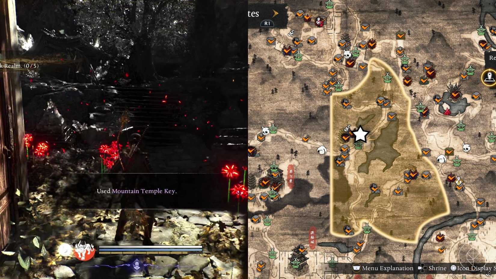 The left-hand side of the image shows the player using the Mountain Temple Key to open the locked gate in Hamamatsu Hill leading to the enemy base while the right-hand side shows the location marked on the in-game map with a star.