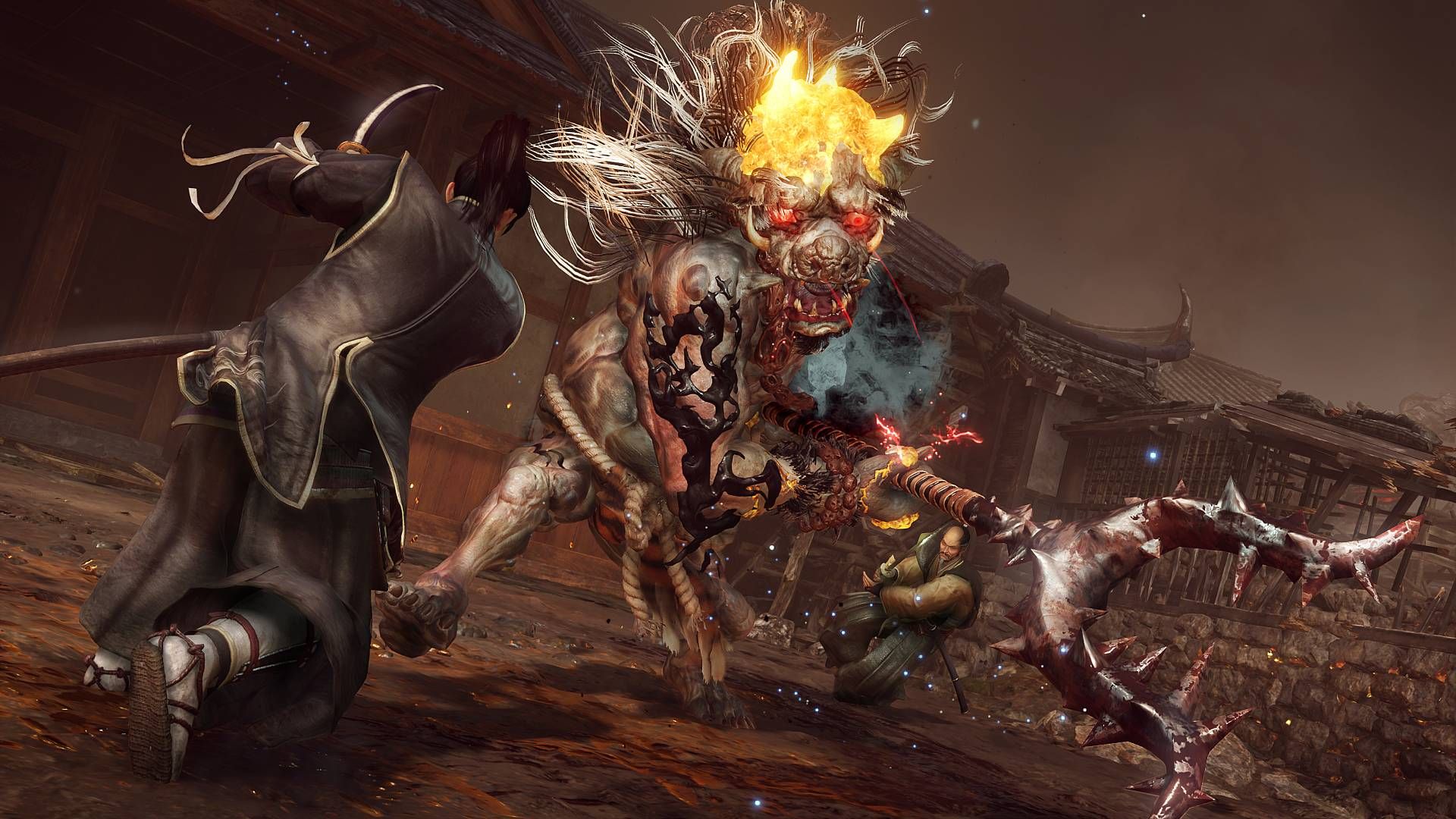 The player in Nioh 3 fighting against a Jailer Oni, a big Yokai demon with flames on its head.