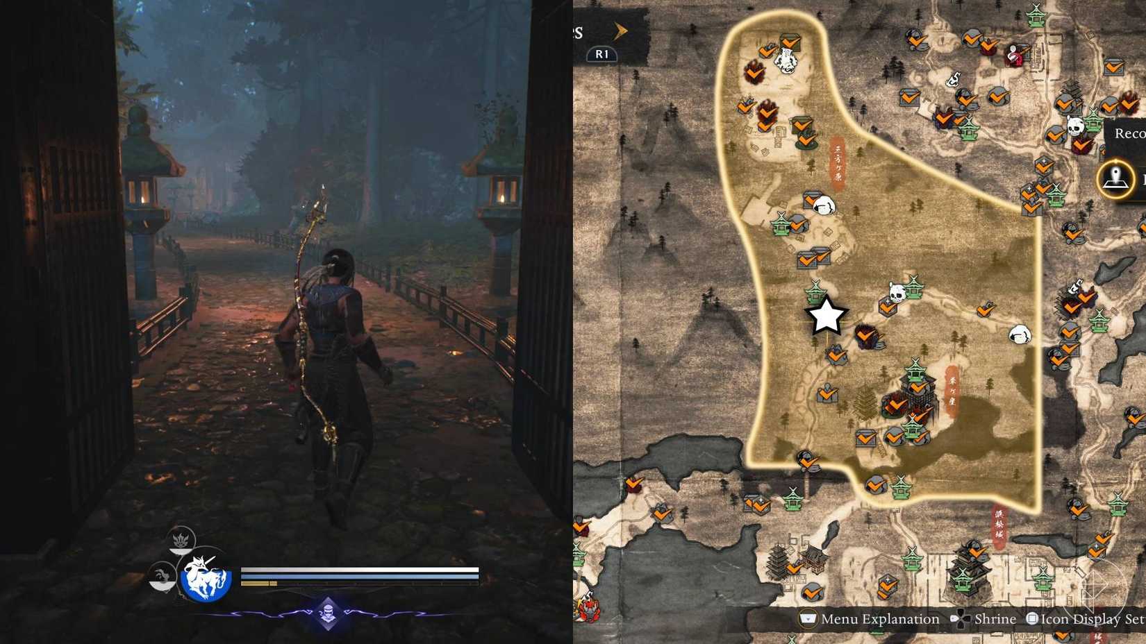 The left-hand side of the image shows the player walking through the open gate in Mikatagahara while the right-hand side of the image shows the location marked on the in-game map.