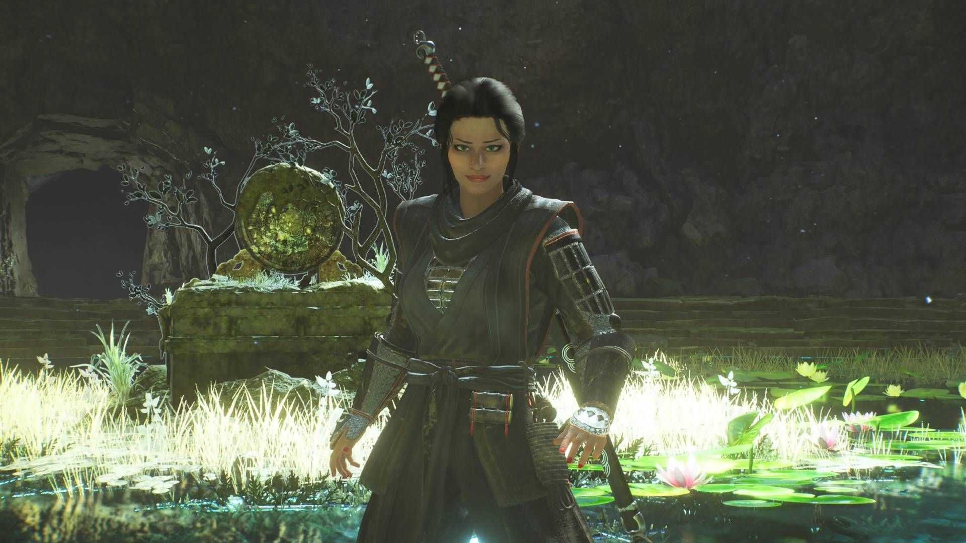 The player in Nioh 3 standing in the Eternal Rift and facing the character wearing the Iga Ninja set of equipment.