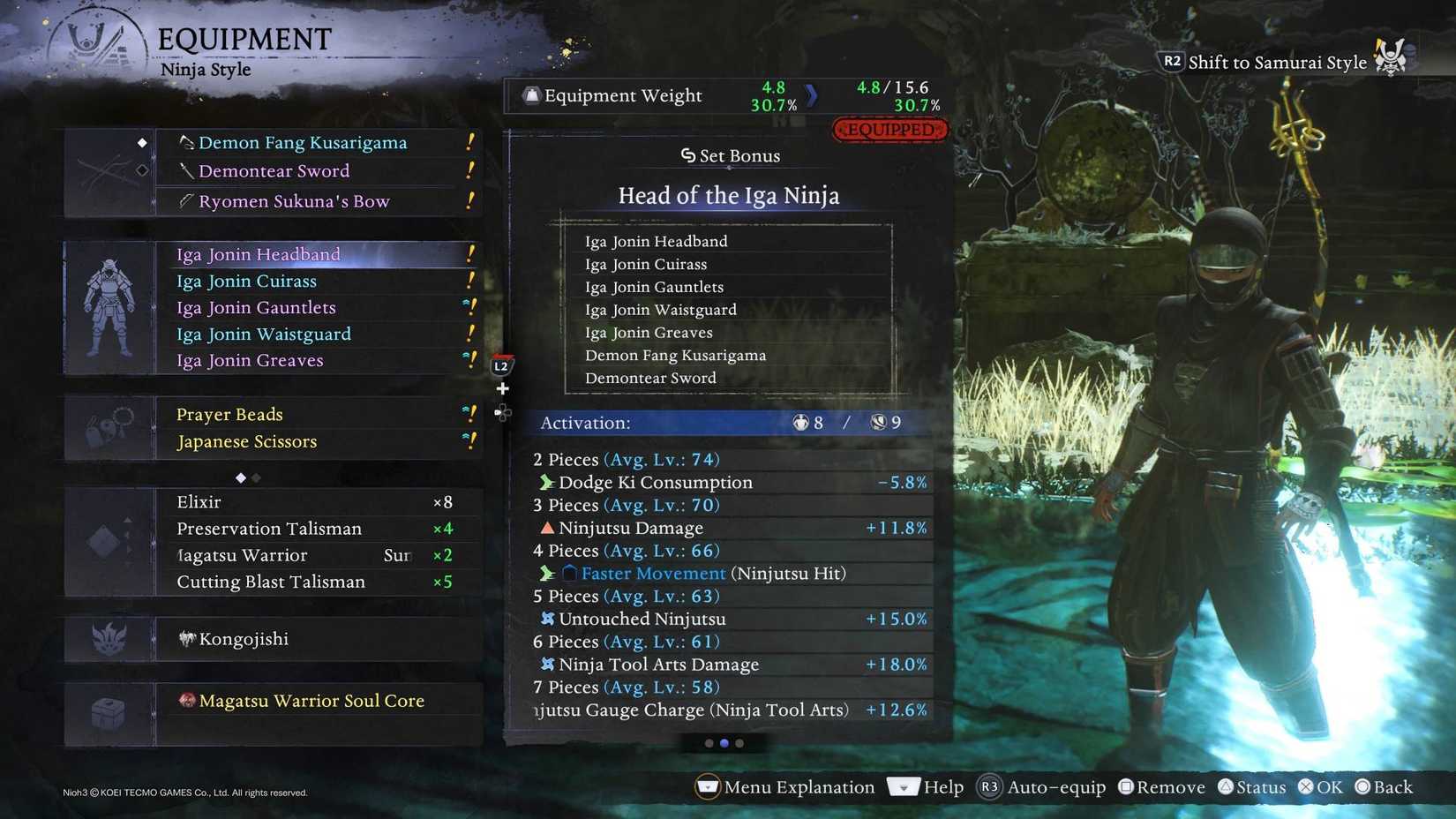 The equipment menu in Nioh 3 showing the Iga Ninja set bonuses.