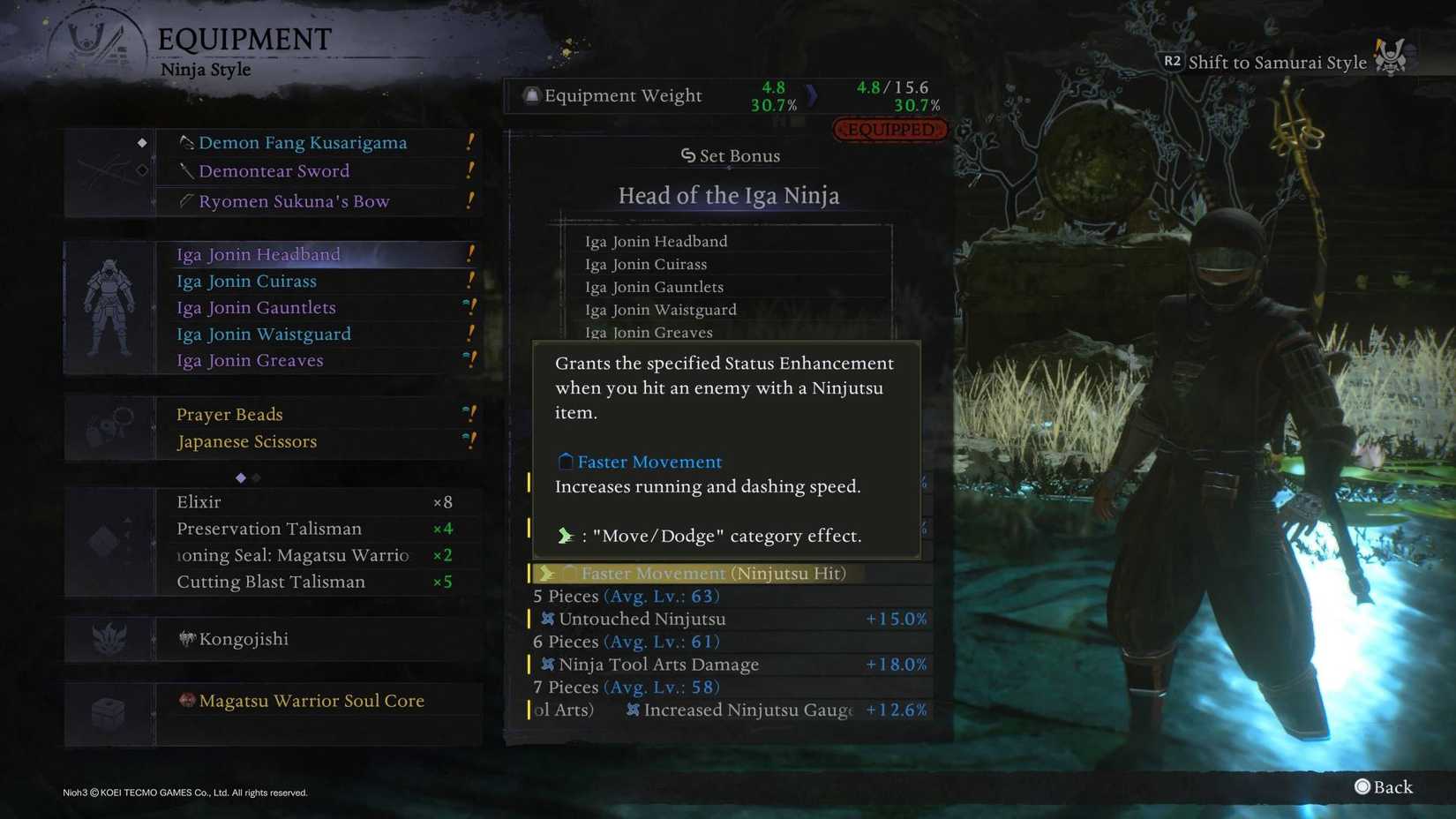 The equipment menu in Nioh 3 with the tooltip open describing what one of the Iga Ninja set bonuses does.