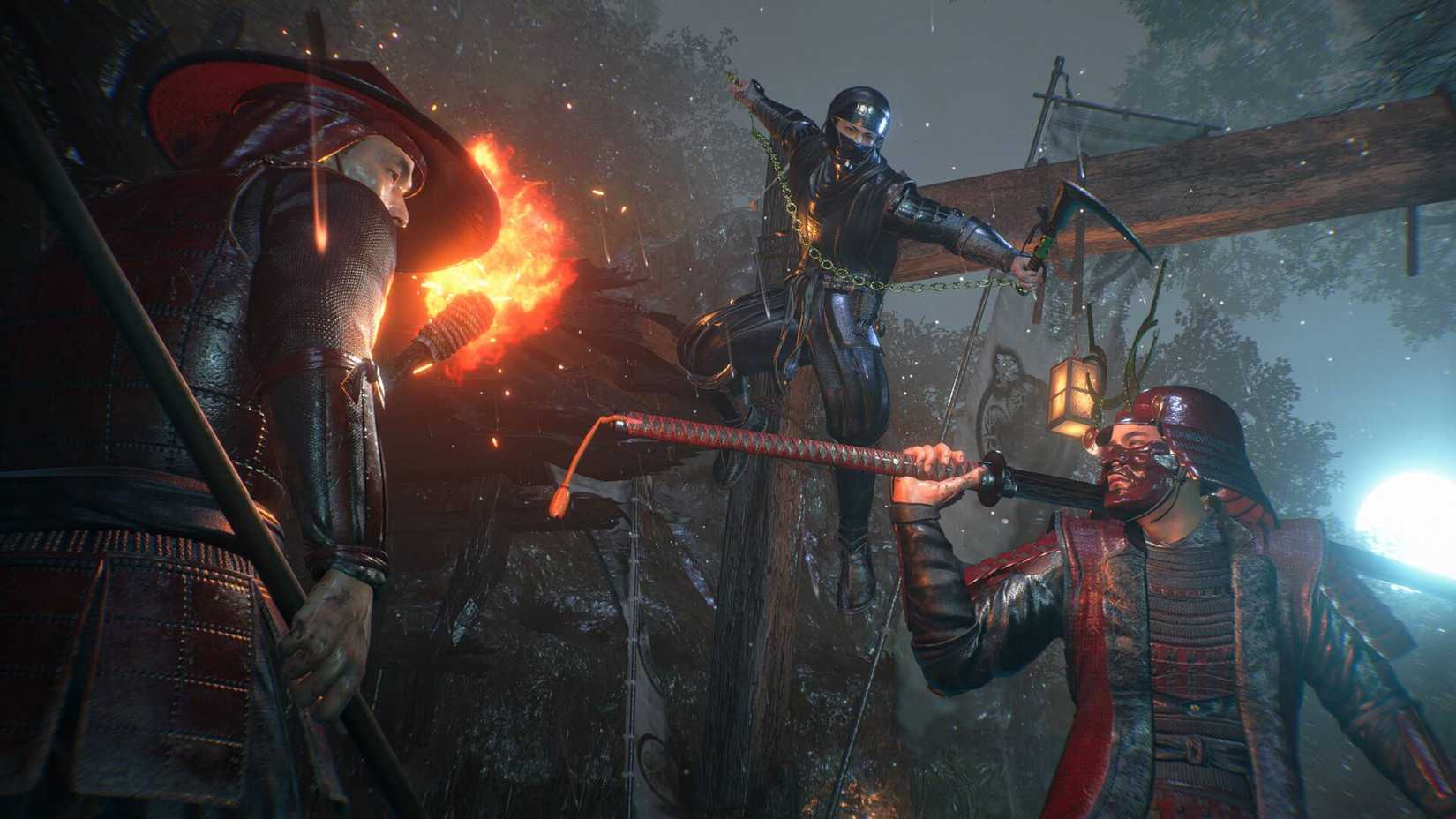 Tokugawa Takechiyo leaping from a ledge as a ninja and attacking two unsuspecting human enemies in Nioh 3.