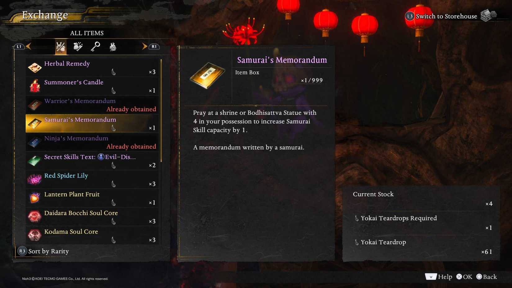 The menu with the Sudama merchant in Nioh 3 to buy memorandums.