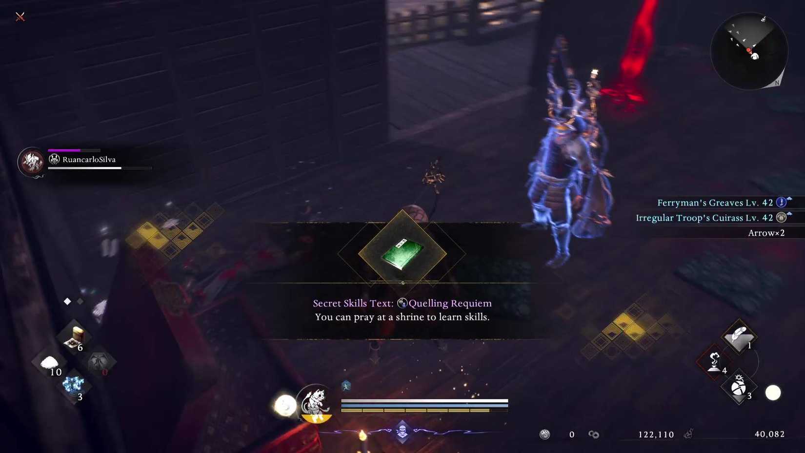 The player finding a Secret Skills Text in Nioh 3.