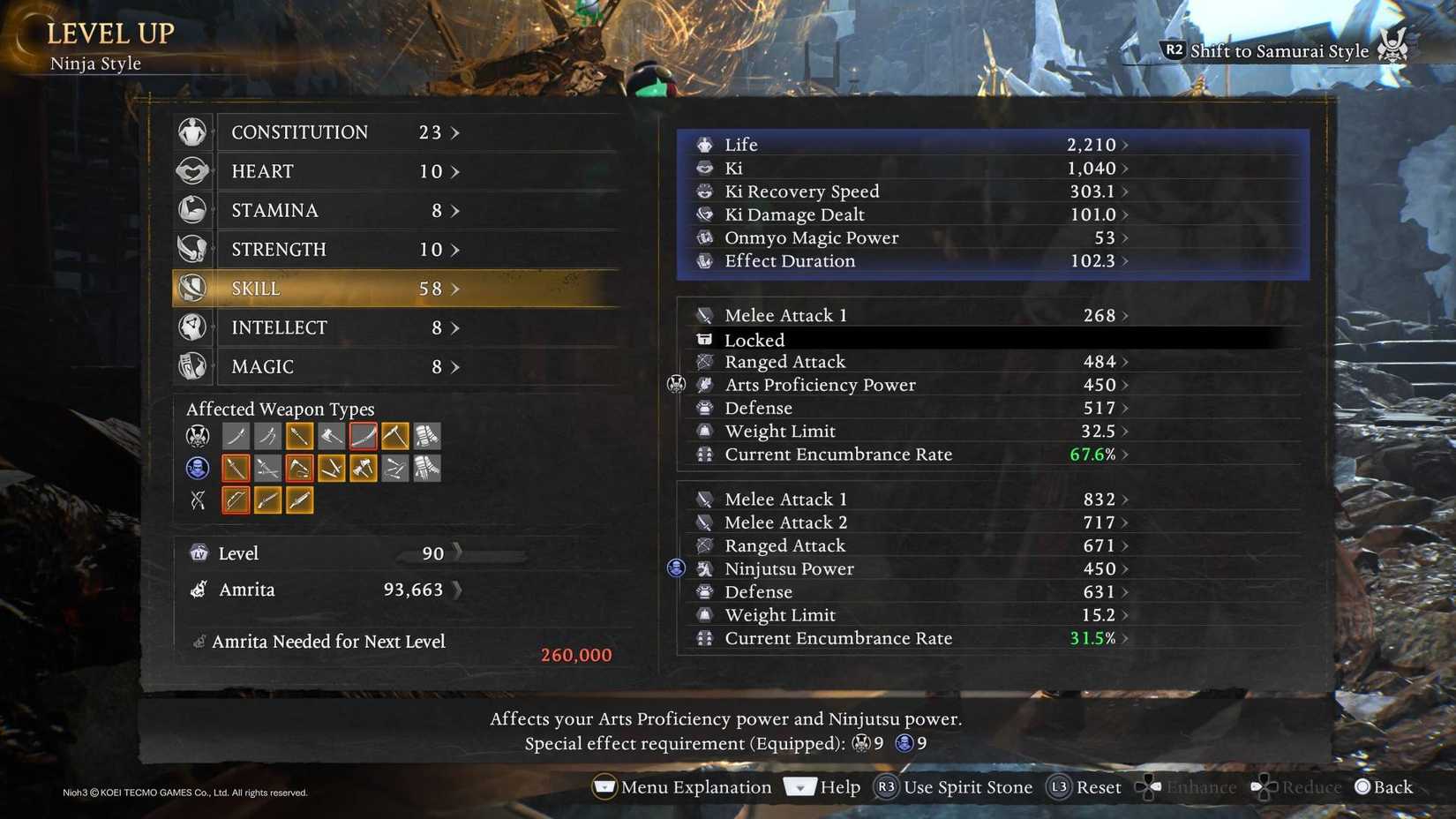 The level up screen showing what weapon types are linked to which skills.